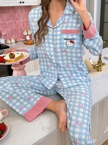 SweetSlumber HELLO KITTY AND FRIENDS | SHEIN Sweet & Cute Plaid Bow Print Contrast Color Long Sleeve Pants Pajama Set For Women - Multicolor - View 3