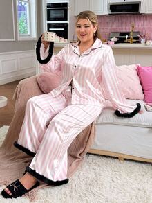 Slumberry CURVE Sweet & Cute Striped Satin Colorblock Fuzzy Open Front Lapel Plus Size Pajama Set - Multicolor - View 5
