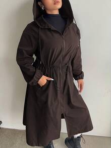POPSWAY Plus Size Long Sleeve Hooded Jacket With Front Zipper Pockets And Drawstring Waist Fall - Coffee Brown - View 2