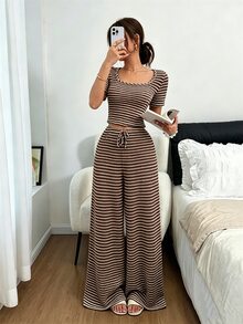Napfluff Women's Knit Striped Casual Wide Leg Pajama Set - Brown - View 1