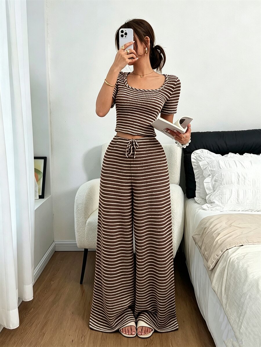 Napfluff Women's Knit Striped Casual Wide Leg Pajama Set - Brown - View 1