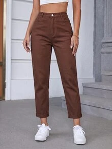 Slaydiva Plus Size Women Solid Color Fashion Casual Versatile Jeans - Coffee Brown - View 8