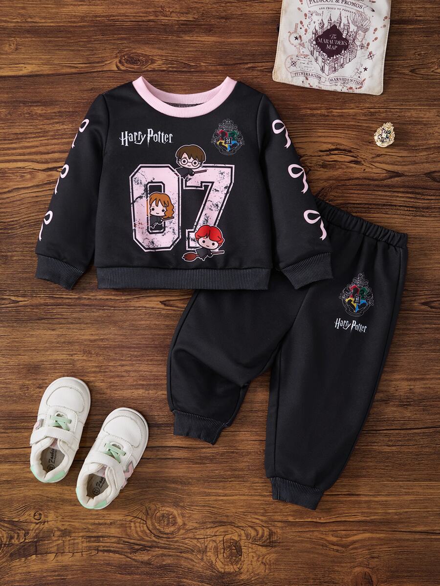 HARRY POTTER X SHEIN Baby Girl Number Print Long Sleeve Sweatshirt And Sweatpants Set - Black - View 1