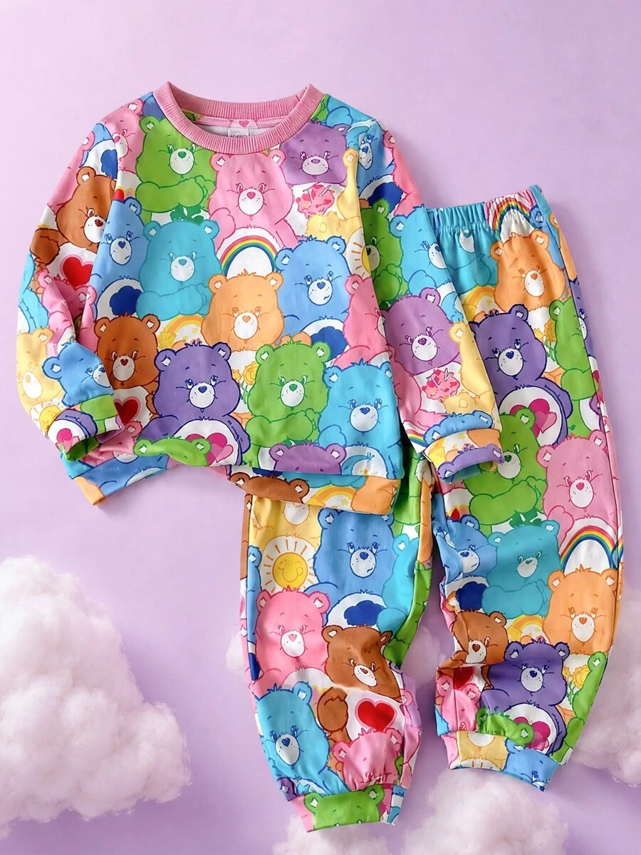 SHEIN X Care Bears 2件組女童休閒百搭彩色卡通圖案圓領寬鬆長袖套頭上衣與長褲套裝,適合日常穿著、室內、拍照、假期、生日,秋冬適用 - 彩色 - 查看 1