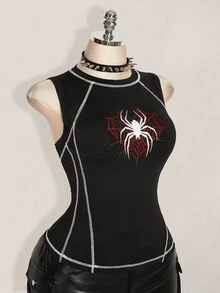 SHEIN ICON Plus Size Women Spider Pattern Sleeveless Round Neck Fashion Tank Top - Black - View 4