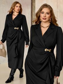Roveilla Plus Size Women's Elegant Business Casual Solid Color Metal Decor Pleated Waist Ruffle Tie Long Fall Blazer Dress Party Office Formal Black And Gold - Black - View 1