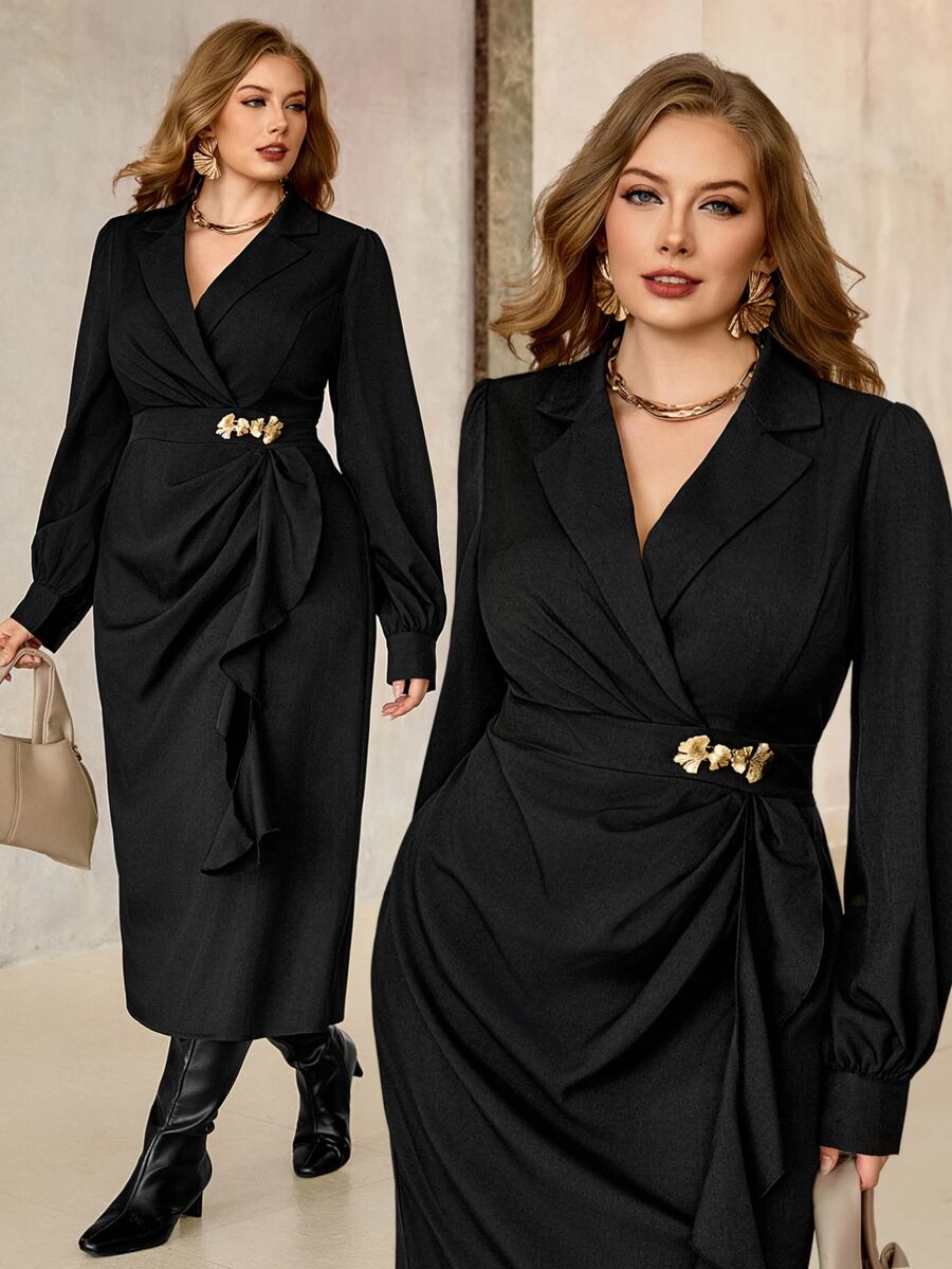 Roveilla Plus Size Women's Elegant Business Casual Solid Color Metal Decor Pleated Waist Ruffle Tie Long Fall Blazer Dress Party Office Formal Black And Gold - Black - View 1