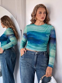 Auralis Round Neck Long Sleeve Tie Dye Pleated Transparent Printed T-Shirt - Multicolor - View 1