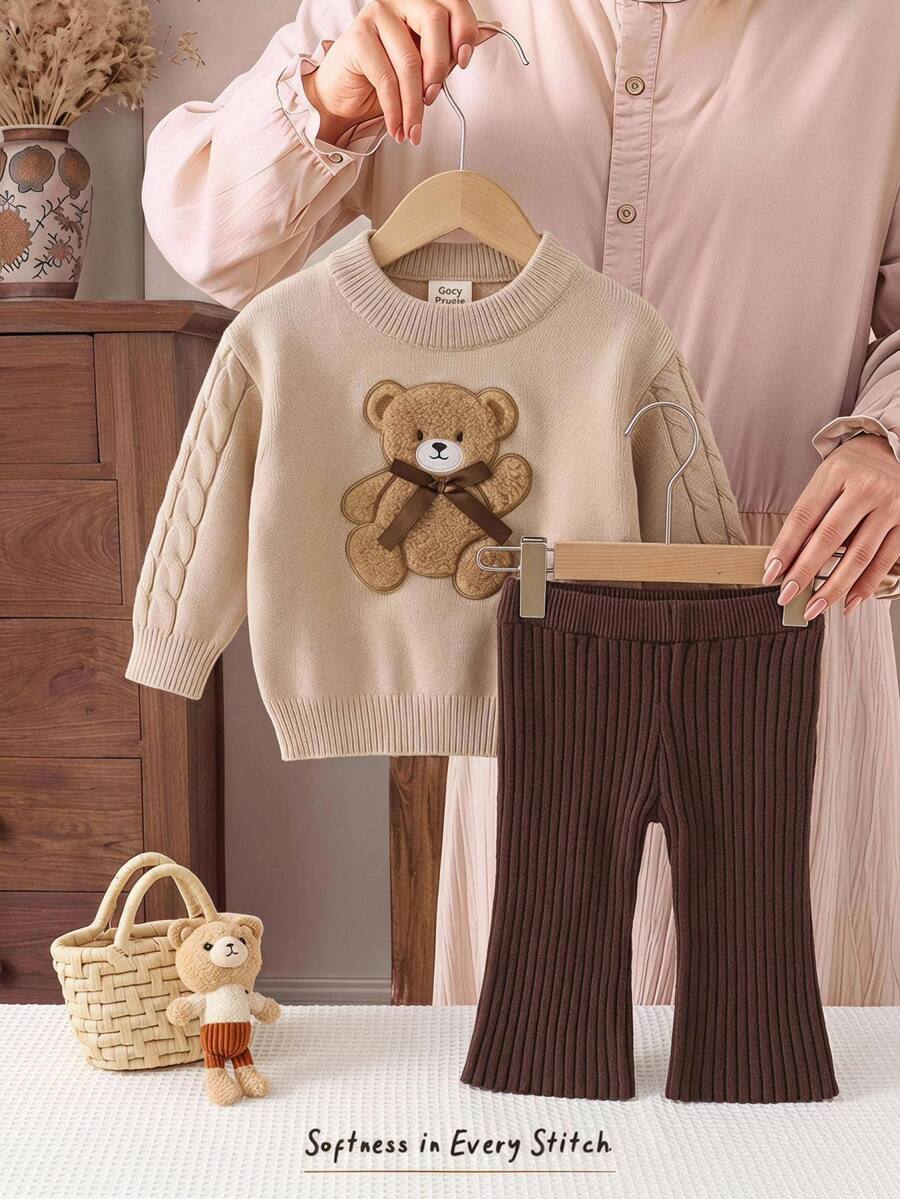 Cozy Pixies Baby Girl Cute Bear Pattern Knit Pullover & Solid Color Knit Pants - Khaki - View 1