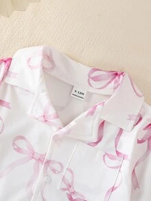 SHEIN 1 Set Baby Girl Sweet Cute Elegant Skin-Friendly Soft Comfortable Casual Daily Pink Heart Bow Rabbit Cartoon Print Open Front Knit Long Sleeve Top And Pants 2 Pieces Set Loungewear - Baby Pink - View 4