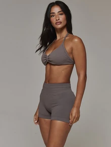 Musera Sport Ruched Front Halterneck Sports Bra With High Rise Seamless Logo Back Scrunch Bum Mini Shorts Sold As Set Sport Essentials Basics Autumn Fall Winter - Grey - View 4