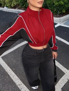 SHEIN SXY Jaket Pendek Wanita Lengan Panjang dengan Resleting Depan dan Motif Blok Warna - MultiWarna - View 5