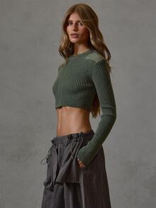 MUSERA Áo len croptop gân màu xanh lá có chi tiết miếng đắp vai, phong cách thường ngày casual cho mùa thu đông, đi học - màu xanh lá - Xem 2