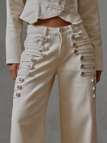 MUSERA Cream Denim Wide Leg Miltary Jeans Fall Winter Everyday Causal Back To School Forces - Apricot - View 5