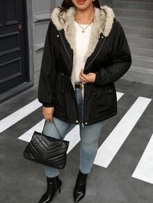 Reflora Women Plus Size Patchwork Faux Fur Hooded Cinched Waist Padded Coat - Black - View 5