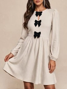 Amorya Women's Bow Decor Bubble Long Sleeve Elegant Midi Dress - Multicolor - View 5