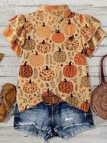 Mellowie Plus Size Women's Pumpkin Plant Pattern Ruffle Short Sleeve Single-Breasted Shirt - Multicolor - View 2