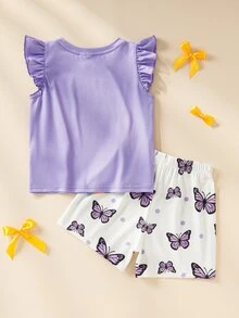 Blippi X SHEIN Set Kasual Sehari-hari untuk Anak Perempuan: Kaos Lengan Bergelombang Motif Kartun dan Celana Pendek - Mauve Purple - View 2