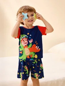 Blippi X SHEIN طقم ملابس منزلية للأولاد الصغار تي شيرت برقبة دائرية وشورت مطبوع عليه شخصيات كرتونية - الأسود - مشاهدة 5