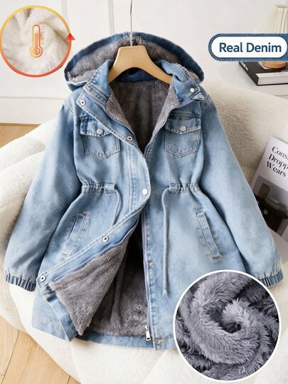 SHEIN Girls' Casual Hooded Denim Thick Jacket With Waist Drawstring, Side Slanted Pockets, Elastic Cuffs, Suitable For School, Shopping, Walking, Travel, Outings, Can Be Paired With Long Sleeve Sweaters, Sweatpants, Long Pants
