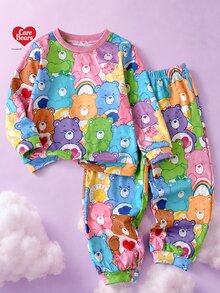SHEIN X Care Bears 2件組女童休閒百搭彩色卡通圖案圓領寬鬆長袖套頭上衣與長褲套裝，適合日常穿著、室內、拍照、假期、生日，秋冬適用 - 彩色 - 查看 5