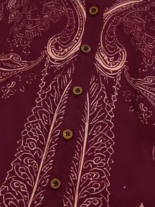 Glimmora Women's Spring/Autumn New Bohemian Style Vacation Print Deep V-Neck Button Decor Open Front Blouse With Cinched Waist And Extra Long Flared Sleeves - Burgundy - View 8