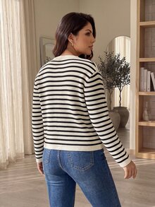 Dripcurv Plus Size Women's Striped Long Sleeve Single-Breasted Casual Knit Cardigan - Black and White - View 2