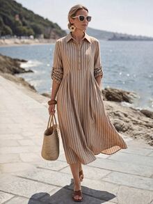 EMERY ROSE Women's Striped Rolled Cuff Button Half Placket Mid-Length Shirt Dress - Brown - View 1