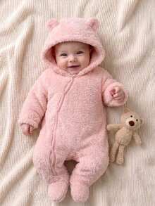 SHEIN Jumpsuit Bayi Baru Lahir Musim Semi Musim Gugur Musim Dingin Berbahan Lembut dengan Desain Tudung yang Lucu, Bahan Lembut dan Ramah Kulit, Nyaman untuk Dipakai di Rumah, Meningkatkan Kualitas Tidur dan Pertumbuhan yang Sehat - Berwarna merah muda - View 3