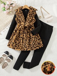 SHEIN Elladie kids 女童三件套，黑色刷毛厚羅紋長袖T恤與內層褲，搭配無領長款厚豹紋印花抓絨背心外層。背心附有同色布料繫帶，柔軟翻領設計，適合秋冬穿著 - 黑色 - 查看 3