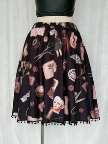 Sunspun Plus Size Fashion Dark Doll Print Tassel Decor Skirt Fall - Black - View 7
