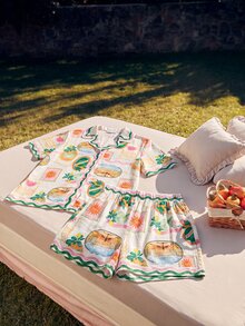 CAJUNI Button-Down Shirt And Shorts Pajama Set With Tropical Stamp Print - Multicolor - View 3