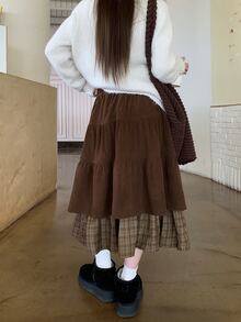DAZY Women's Waist Tie Patchwork Plaid Ruffle Hem Vintage Skirt - Coffee Brown - View 2