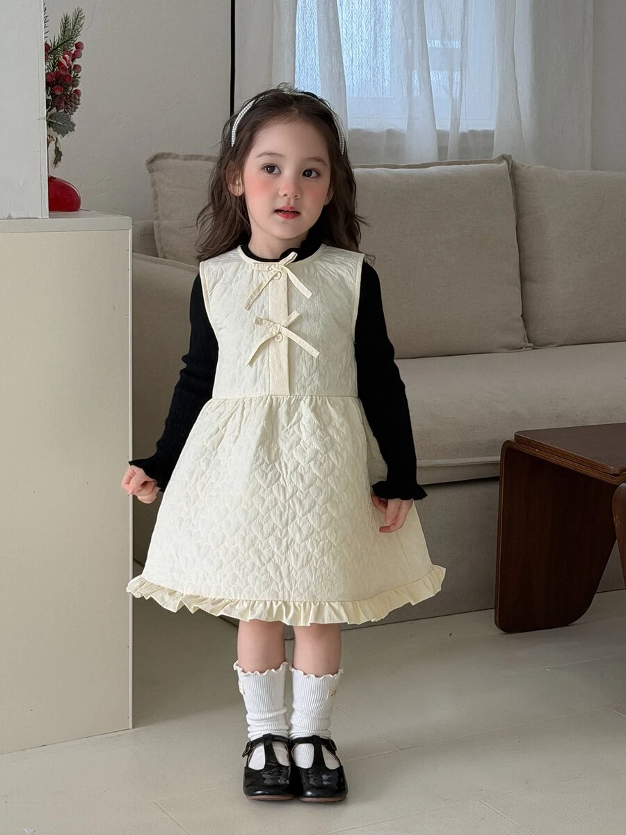 DAZY Infant (Girl) Round Neck Quilted Cotton Korean Style Solid Color Dress - Apricot - View 1