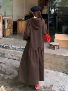 DAZY Women's Casual Hooded Long Sleeve Midi Dress - Brown - View 2