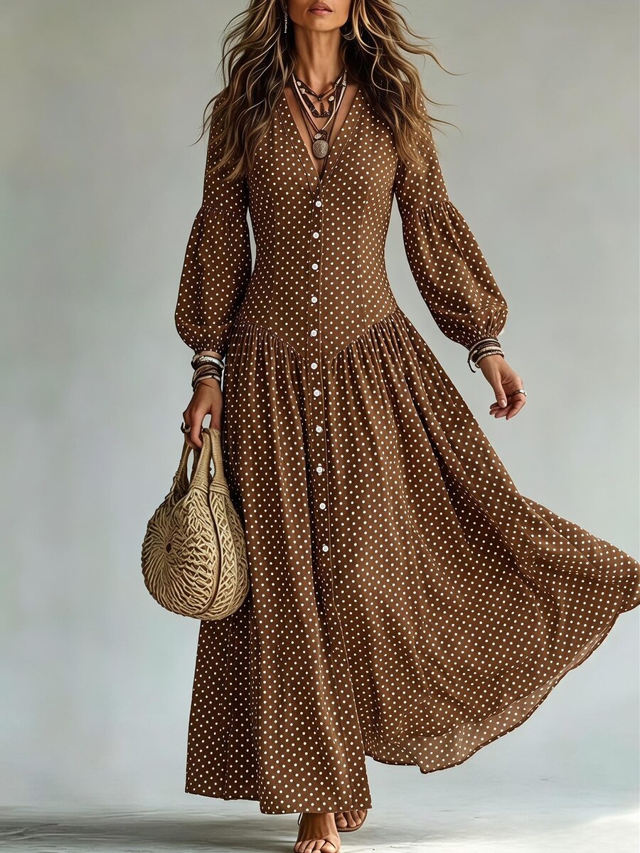 SHEIN Women's Polka Dot V-Neck Long Sleeve Single-Breasted Elegant Dress - Brown - View 1