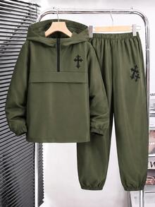 SHEIN 青少年男孩半拉鍊連帽夾克與慢跑褲2件套，休閒運動風，適合秋冬、通勤、上學、日常穿著、度假、旅行、運動，四季皆宜，抓絨加厚 - 軍綠色 - 查看 3