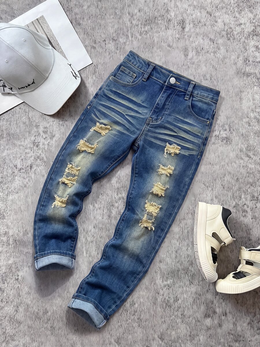 Kids Tween Boy Distressed Skinny Casual Denim Jeans With Pockets - Medium Wash - View 1