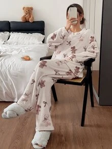 Napfluff Cute Striped Bear Print Crew Neck Long Sleeve Pants Pajama Set For Women - Khaki - View 5