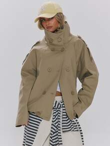 MUSERA High Funnel Neck Double Button Front Oversized Cropped Trench Style Jacket Fall Autumn Winter Daily Everyday Outerwear - Khaki - View 1
