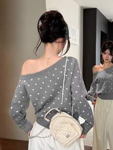 DAZY Women's Korean Style Jacquard Single-Breasted Asymmetrical Shoulder Knit Cardigan - Grey - View 9