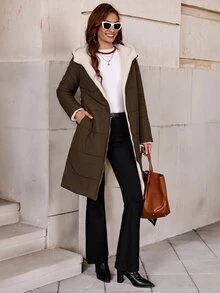SHEIN Clasi 女款拉鍊連帽泰迪毛內裡絎縫外套 秋冬款 - 咖啡棕 - 查看 7