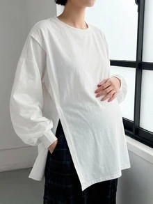 DAZY Solid Color Loose Round Neck Long Sleeve Split Hem Casual Daily Holiday Spring Autumn Top Maternity T-Shirt - White - View 10