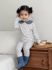 DAZY Infant Girl Peter Pan Collar Casual All-Over Print Long Sleeve Korean Style Loungewear - Blue and White - View 7