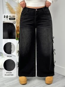 SHEIN CURVE+ Jeans Denim Wanita Plus Size Kasual untuk Harian dan Traveling dengan Saku dan Kancing - Hitam - View 1