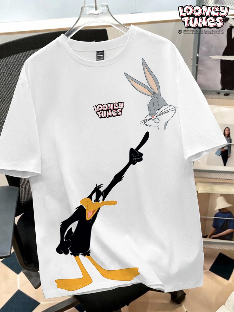 LOONEY TUNES X SHEIN Daypath 男士休閒卡通圖案印花短袖圓領T恤 - 白色 - 查看 1