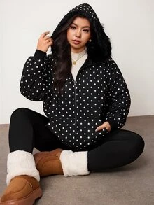 Enliva Plus Size Women's Polka Dot Hooded Jacket With Faux Fur Trim Zip Up Long Sleeve Outerwear For Fall Winter - Black - View 7