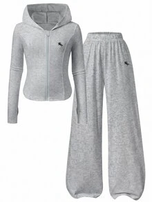 SHEIN Girls' Casual Fashion Knit Solid Color Front Positioned Graphic Print Double Pocket Long Sleeve Hooded Zip-Up Jacket With Solid Color Knit Positioned Graphic Print Pants Comfortable 2 Pieces Set - Grey - View 3