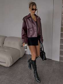 SHEIN CURVE+ Plus Size Double Breasted Lapel Pocket Long Sleeve Cropped PU Jacket Winter - Rust Brown - View 5