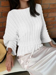 Yunfilé 女款夏季杏色透視蝙蝠袖針織上衣 - 白色 - 查看 4
